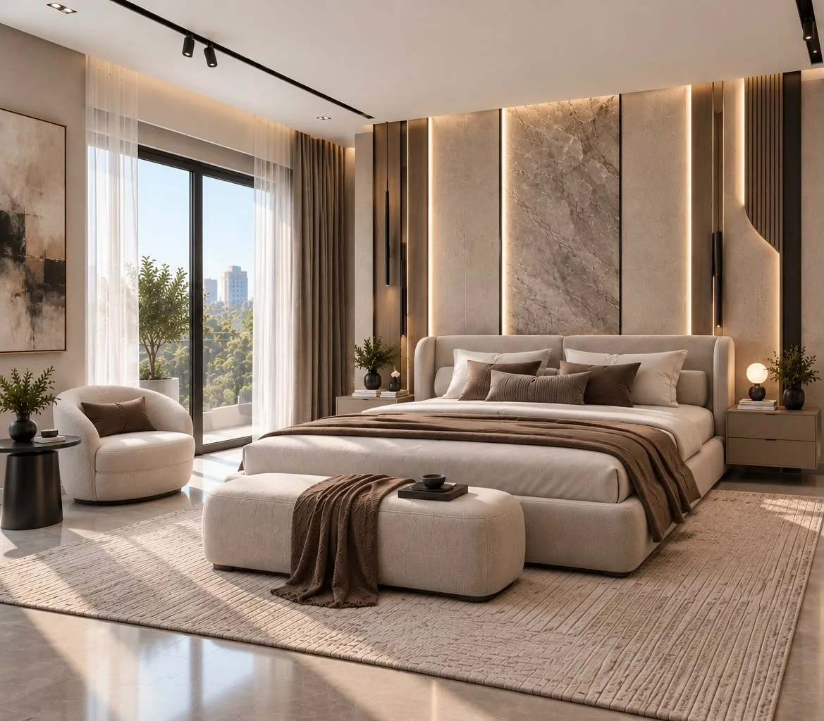 Bedroom design with layered materials and lighting