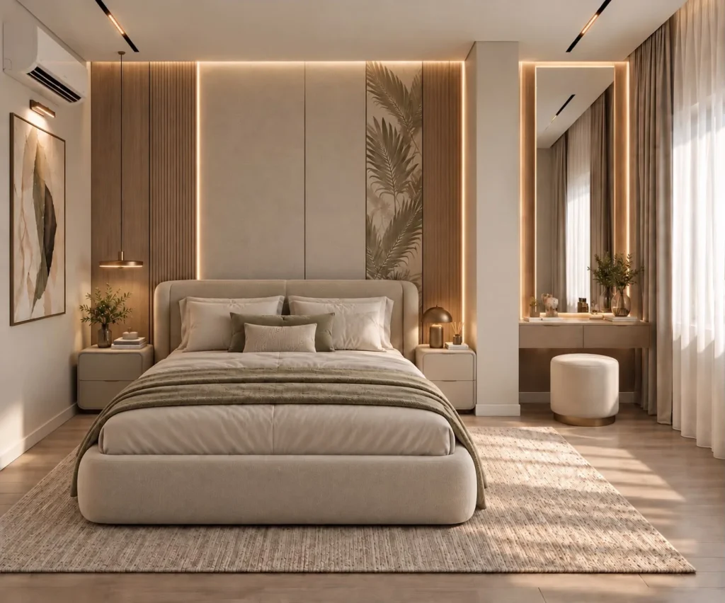 Bedroom with concealed lighting
